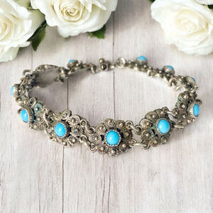 Antique 800 Silver Edwardian Etruscan Style Turquoise Bracelet.